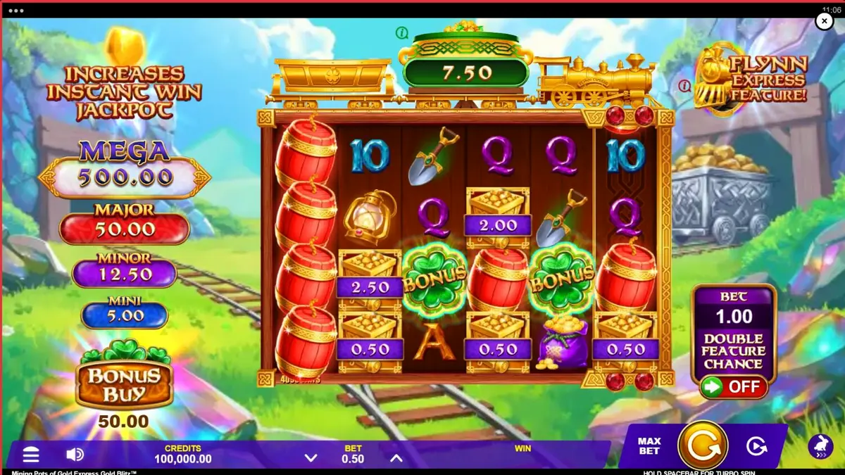 Lucky Lad Flynn berdiri di depan tambang emas dalam slot Mining Pots of Gold Express Gold Blitz