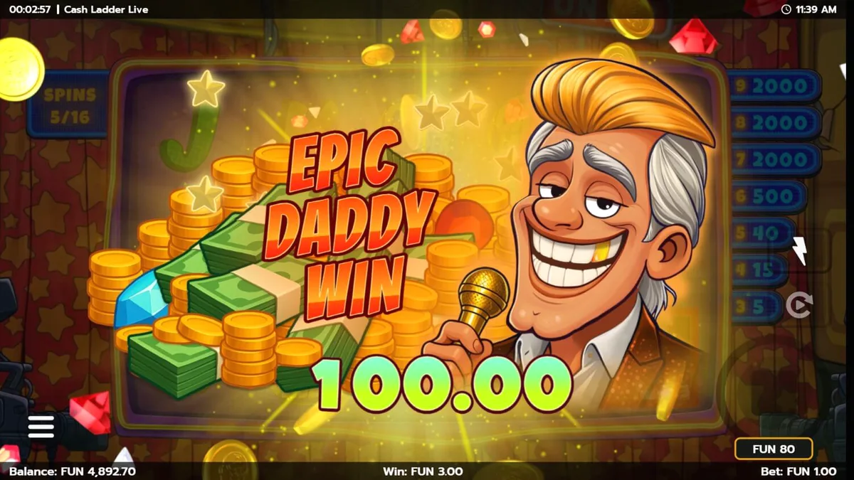 Tampilan layar permainan slot Cash Ladder Live dengan tema studio televisi yang gemerlap