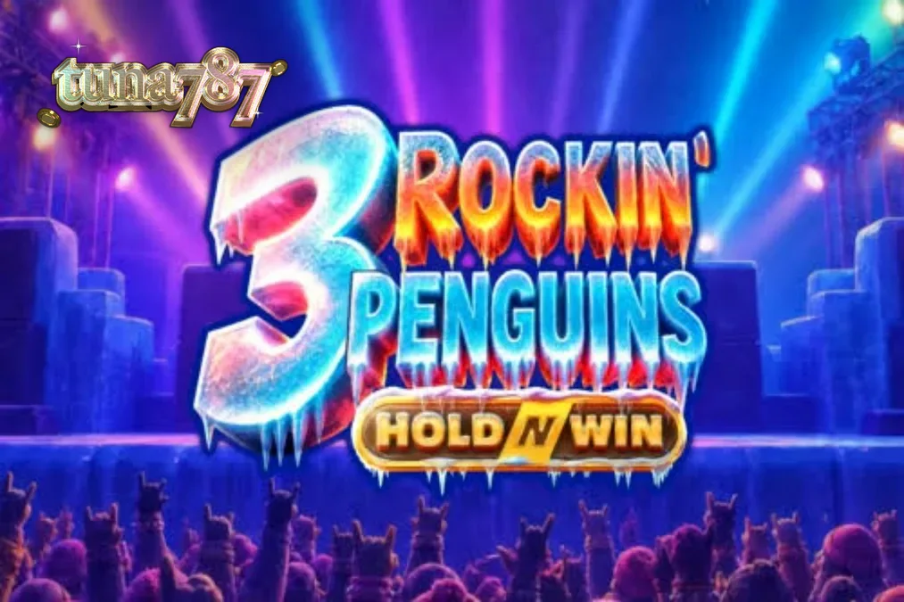 Tampilan visual slot 3 Rockin’ Penguins dengan karakter penguin punk di atas panggung es.